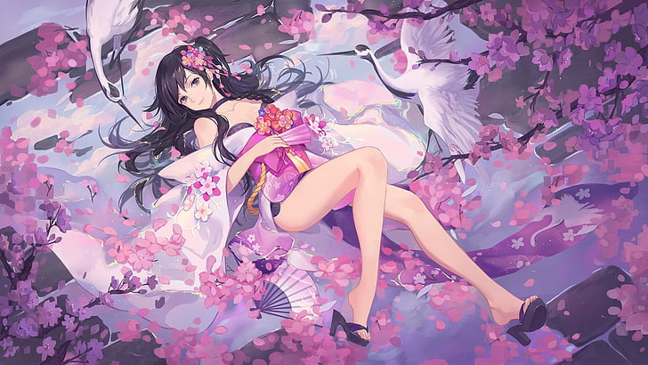 Anime, Original, Flor de cerejeira, Flor, Menina, Salto alto, Roupas japonesas, Deitado, Sakura, HD papel de parede