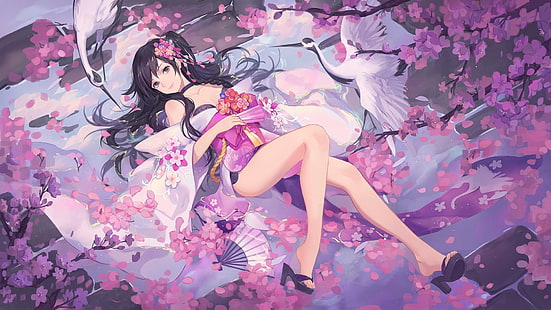 Аниме, оригинал, вишня в цвету, цветок, девушка, высокие каблуки, японская одежда, лежа, сакура, HD обои HD wallpaper