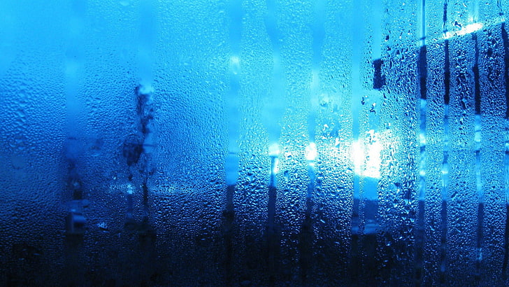 water on glass, rain, blue, HD wallpaper