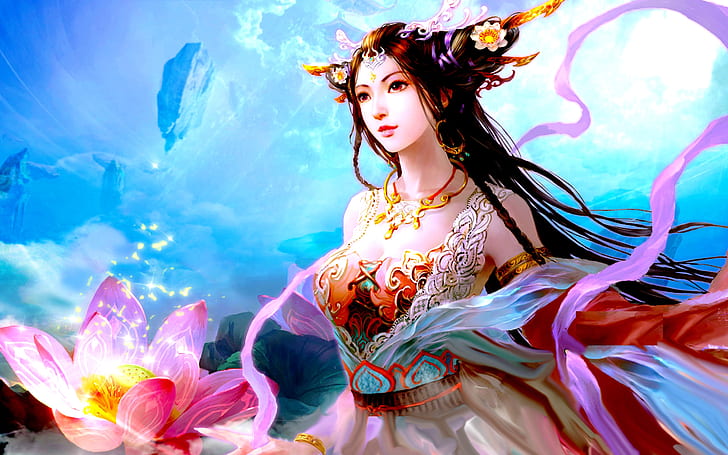 Gadis Asia cantik dengan rambut hitam Lotus warna pink berwarna gaun sutra fantasi seni wallpaper HD 2880 × 1800, Wallpaper HD