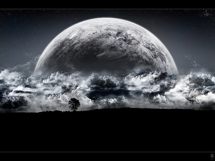 nuvole e luna piena carta da parati, spazio, arte digitale, pianeta, Sfondo HD