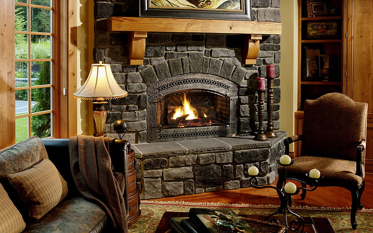 Fireplace, House, Interior, Chairs, fireplace, house, interior, chairs, HD wallpaper
