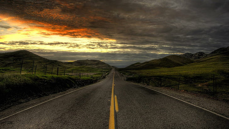 Lone Highway At Sunrise Hdr, hills, sunrise, highway, clouds, nature and landscapes, HD wallpaper