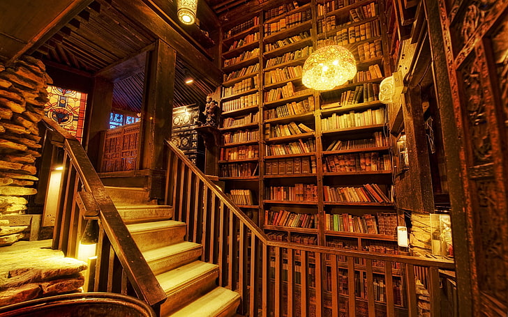 library, books, stairs, wood, HD wallpaper