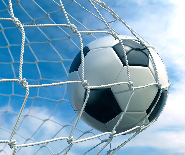 white and black soccer ball, the sky, clouds, background, mesh, football, the ball, gate, goal, HD wallpaper