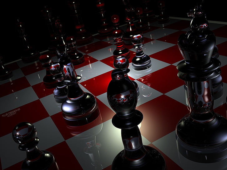 rött och svart schackbrädspel, bitar, schack, brädor, glas, HD tapet