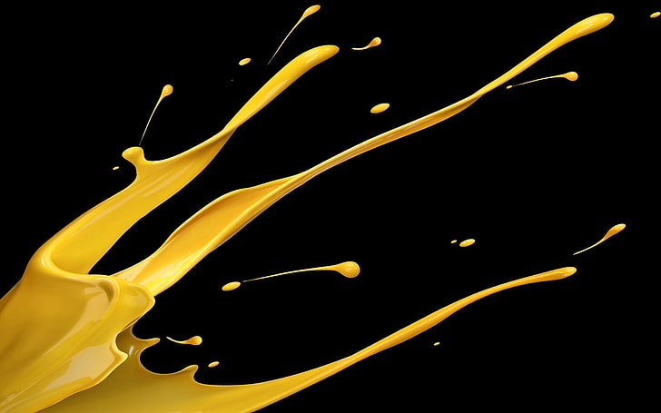 yellow paint, abstract, yellow, black background, paint splatter, paint splash, HD wallpaper