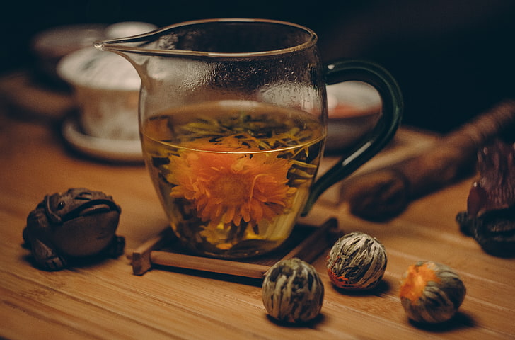 clear glass teapot, flowering tea, bud, cup, tea party, HD wallpaper
