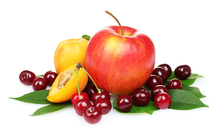 varias frutas, cereza, manzana, durazno, rebanada, fruta, Fondo de pantalla HD