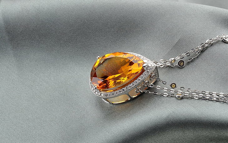 Large orange stone necklace, orange gemstone silver chain necklace, photography, 1920x1200, stone, necklace, HD wallpaper