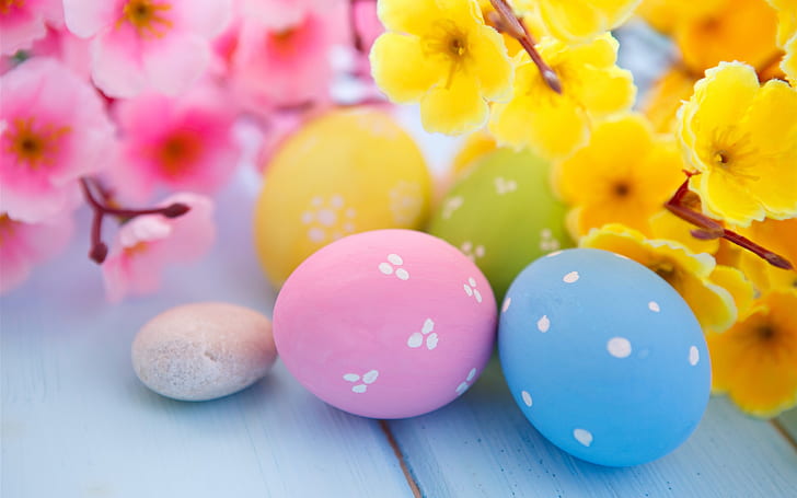 Easter, flowers, eggs, spring, four easter eggs, Easter, Flowers, Eggs, Spring, HD wallpaper