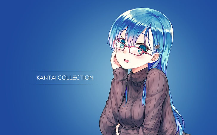 anime, anime girls, Kantai Collection, Suzuya (KanColle), sweater, long hair, blue hair, glasses, green eyes, HD wallpaper