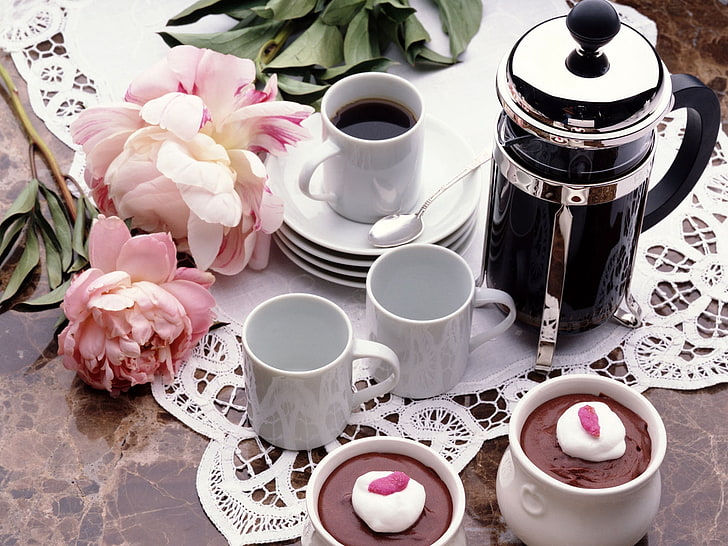 white ceramic mugs, tea, cake, coffee, breakfast, HD wallpaper