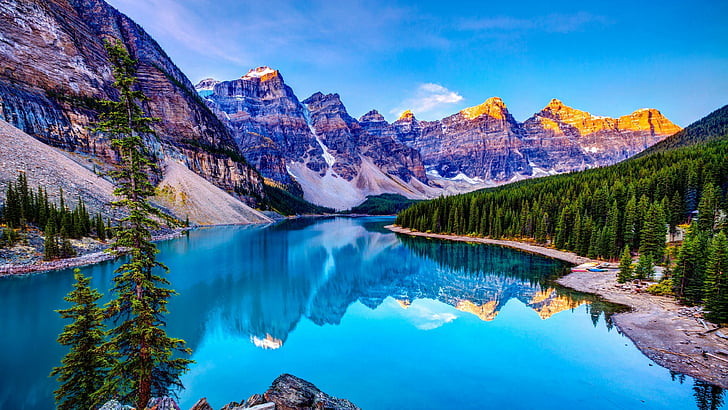 landscape, mountains, scene, scenery, lake, reflected, forest, blue sky, blue water, HD wallpaper