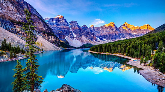 пейзаж, горы, сцена, декорации, озеро, отражение, лес, голубое небо, голубая вода, HD обои HD wallpaper