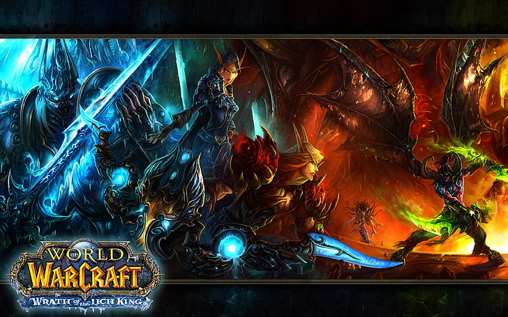 World WarCraft цифровые обои, World of Warcraft, фэнтези-арт, видеоигры, Иллидан Ярость Бури, Иллидан, World of Warcraft: Гнев Короля-лича, Король-лич, Эльф крови, Артас, HD обои