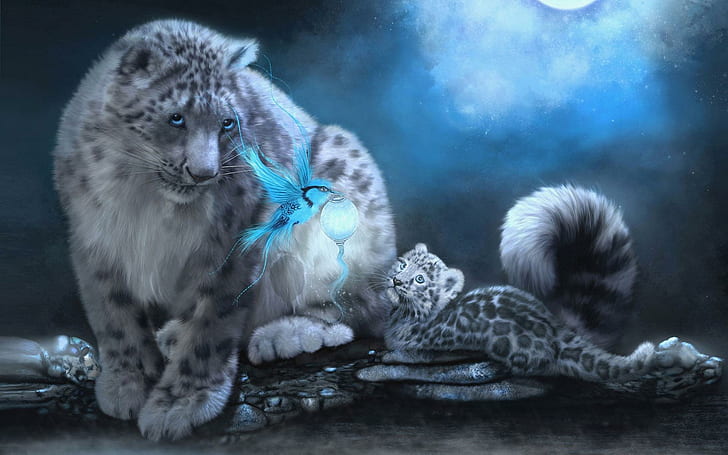 Bird flying with the lamp, white and grey cheetah and cub wallpaper, digital art, 1920x1200, bird, lamp, leopard, snow leopard, HD wallpaper