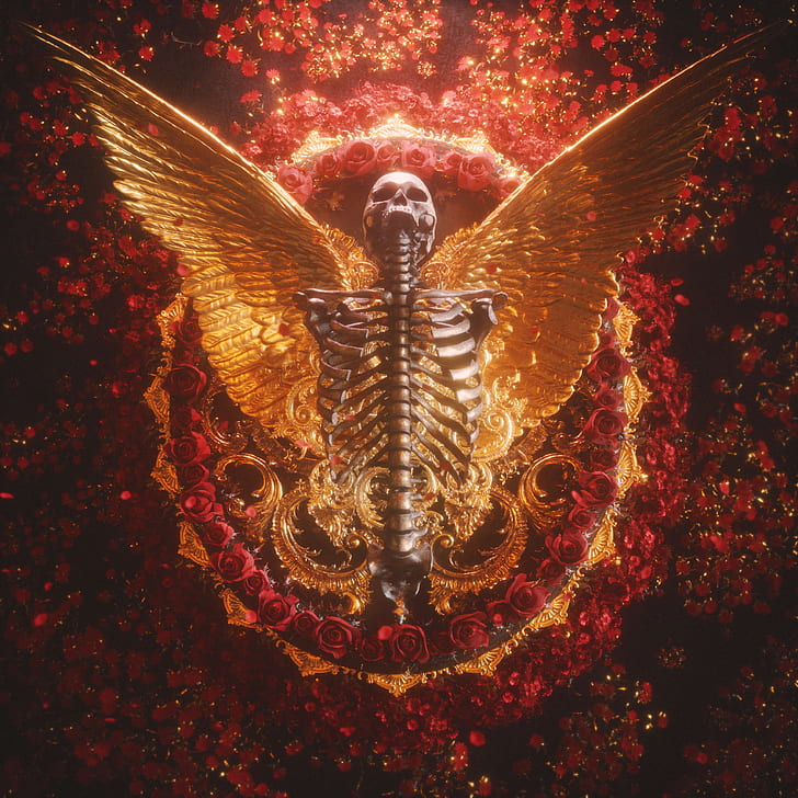 billelis, dark, religion, death, skull, flowers, gold, red, HD wallpaper