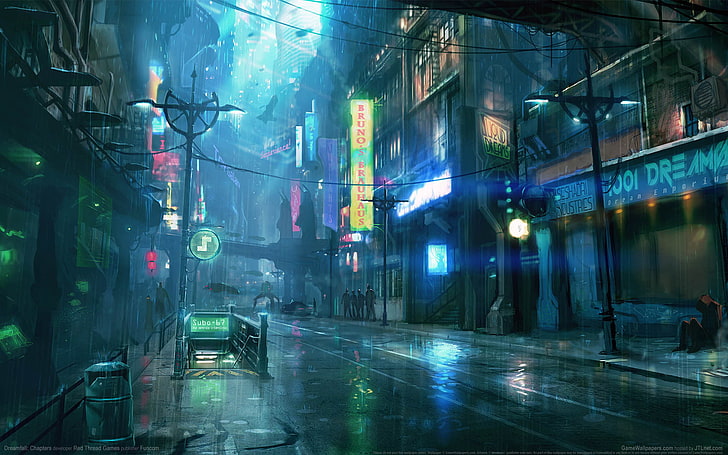 Светодиодные вывески, ночь, город, город, дождь, игровые обои, Dreamfall: Chapters, HD обои