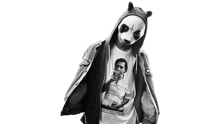 men's panda costume grayscale photo, cro, carlo waibel, german singer, rapper, music producer, designer, black and white, HD wallpaper