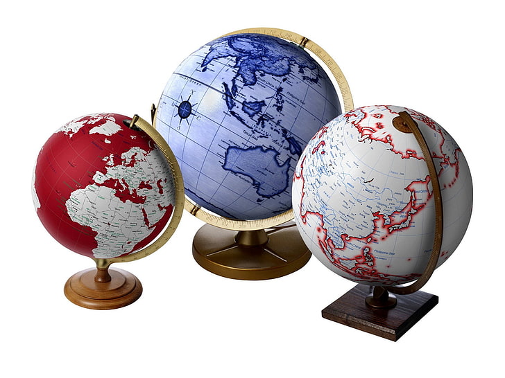 three assorted-color desk globes, globes, colored, ball, table, HD wallpaper