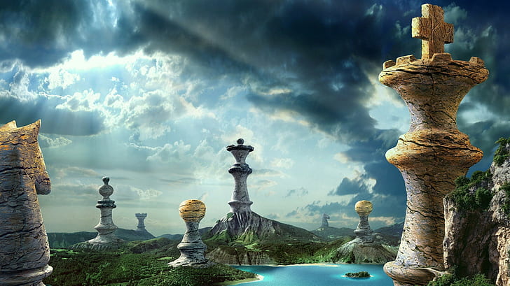 Schach, Wolken, digitale Kunst, Fantasiekunst, Hügel, Pferd, Insel, König, Landschaft, Natur, Bauern, Königin, Felsen, Sonnenlicht, Bäume, Wasser, HD-Hintergrundbild