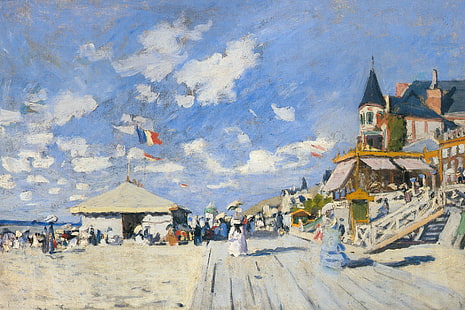 пейзаж, картина, Клод Моне, Boardwalk Nastin на плажа в Трувил, HD тапет HD wallpaper