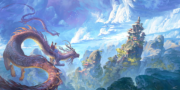 червен дракон живопис, пейзаж, xianxia, ​​китайски дракон, HD тапет HD wallpaper