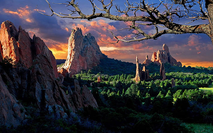 Paysage de printemps coucher de soleil dans le jardin des dieux, Colorado, Fond d'écran HD