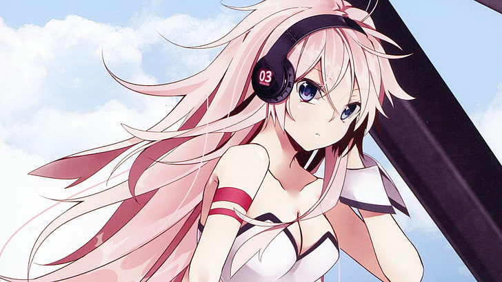 pink haired girl anime character illustration, anime, armbands, blue, cleavage, clouds, cuffs, eyes, girls, hair, headphones, i-a, long, luka, megurine, pink, skies, vocaloid, HD wallpaper