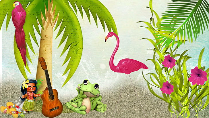 Froggy Vacation, rana verde;guitarra acústica marrón;pintura de cocotero, guitarra, palmeras, rana, flamenco rosado, pájaro, lindo, caprichoso, flores, playa, trópico, vacaciones, Fondo de pantalla HD