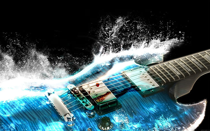 Графическая гитара в воде, голубая электрогитара, гитара, графика, музыка, вода, HD обои