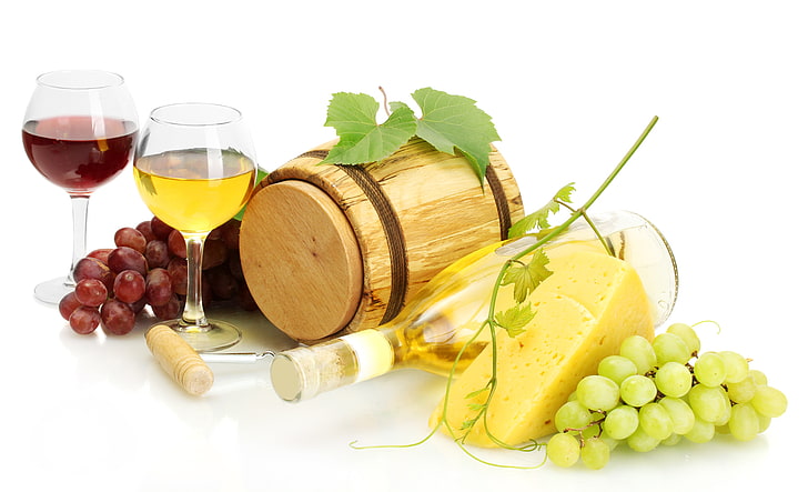 brązowa drewniana beczka, wino, czerwony, biały, butelka, ser, szklanki, winogrona, korkociąg, winorośl, beczka, Tapety HD