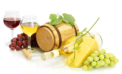 botte di legno marrone, vino, rosso, bianco, bottiglia, formaggio, bicchieri, uva, cavatappi, vite, botte, Sfondo HD HD wallpaper