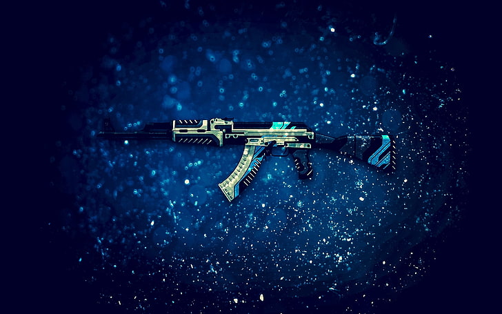 ilustrasi AK-47 biru, hitam, dan putih, gunung berapi, AK-47, Counter-Strike: Global Offensive, CS: GO, Vulcan, Wallpaper HD