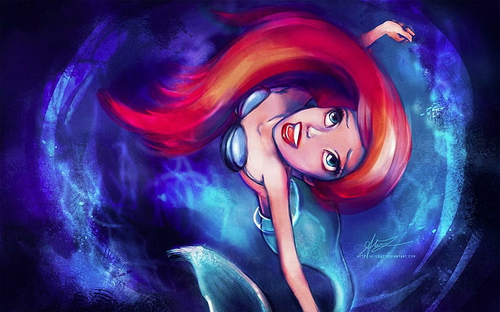 Ariel The Little Mermaid Cartoon Artwork, ariel, mała, syrenka, kreskówka, grafika, Tapety HD