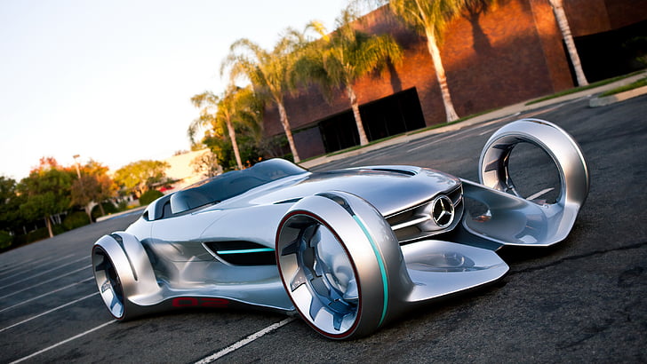 серебряный концепт-мерседес-бенц, парковка в дневное время, Mercedes-Benz Silver Arrow Concept, Mercedes-Benz Silver Lightning, 4K, HD обои