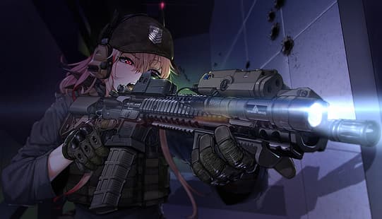  anime, anime girls, Girls Frontline, black rifle, gloves, hat, long hair, m4 carbine, pink hair, red eyes, open mouth, tactical, headsets, weapon, flashlight, HD wallpaper HD wallpaper