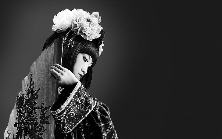 Черно-бяла гейша, илюстрация на гейша, фотография, 1920x1200, жена, гейша, HD тапет