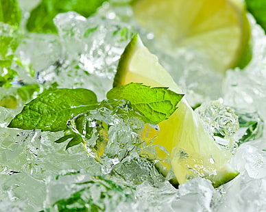 tranches de citron, glace, citron vert, agrumes, feuilles de menthe, Fond d'écran HD HD wallpaper