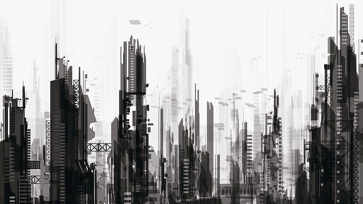 wallpaper bangunan tinggi, fiksi ilmiah, futuristik, karya seni, monokrom, seni digital, Wallpaper HD
