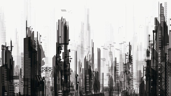 고층 빌딩 배경, 공상 과학 소설, 미래, 삽화, 흑백, 디지털 아트, HD 배경 화면 HD wallpaper