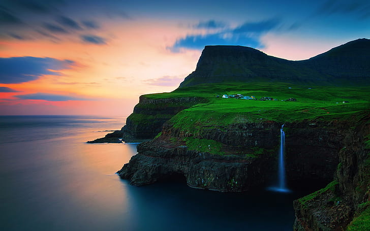Denmark, the Faroe Islands, village, mountains, waterfalls, sunset, Denmark, Faroe, Islands, Village, Mountains, Waterfalls, Sunset, HD wallpaper