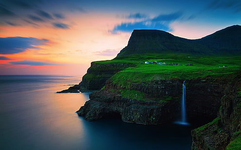 Dinamarca, Ilhas Faroe, vila, montanhas, cachoeiras, pôr do sol, Dinamarca, Faroe, Ilhas, vila, montanhas, cachoeiras, pôr do sol, HD papel de parede HD wallpaper