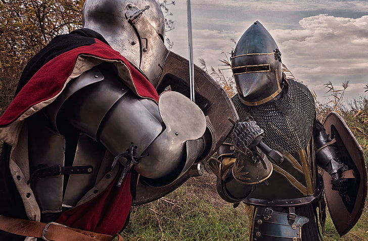 gray knight, metal, background, armor, swords, knights, shields, the fight, hats, HD wallpaper