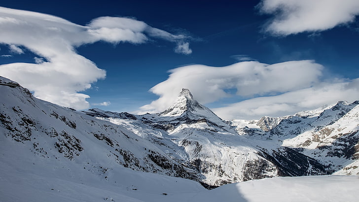 snow covered mountains, nature, mountains, clouds, snow, ice, landscape, HD wallpaper