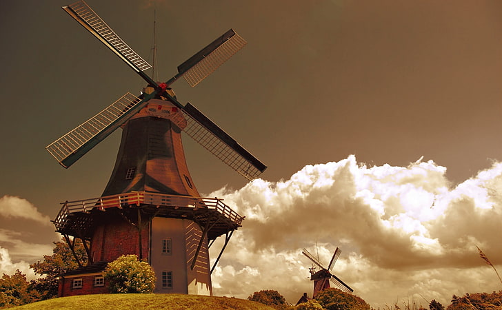 Windmills In The Netherlands HD Wallpaper, brown and black windmill, Vintage, Nature, Landscape, Summer, Scenery, Sepia, Windmills, Scene, Cloud, Netherlands, Summertime, mills, HD wallpaper