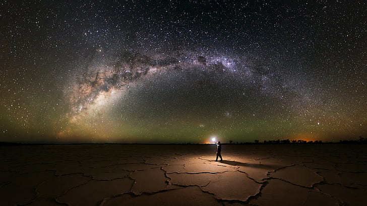Langzeitbelichtung, Galaxie, Forscher, Landschaft, Natur, Milchstraße, Sternennacht, Australien, Lichter, Laterne, Salzseen, HD-Hintergrundbild
