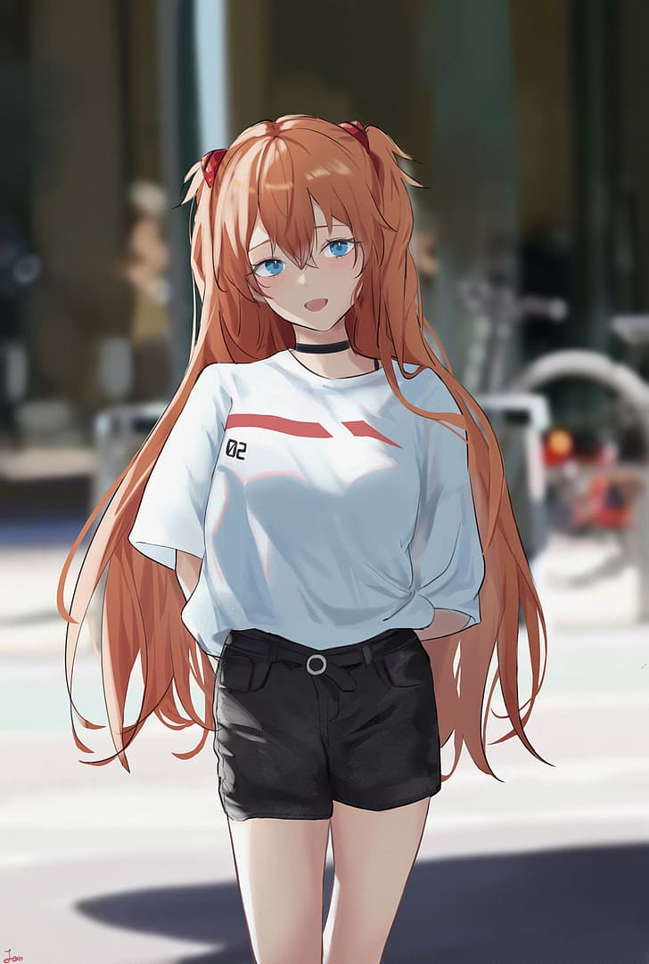 Neon Genesis Evangelion, casual, twintails, redhead, thighs, black shorts, blushing, open mouth, blue eyes, anime girls, white shirt, hair ornament, choker, Asuka Langley Soryu, long hair, short shorts, standing, solo, smile, bangs, vertical, depth of field, anime, 2D, alternate costume, looking at viewer, women outdoors, fan art, arms behind back, artwork, Jenmin12, HD wallpaper