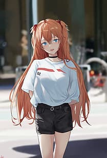  Neon Genesis Evangelion, casual, twintails, redhead, thighs, black shorts, blushing, open mouth, blue eyes, anime girls, white shirt, hair ornament, choker, Asuka Langley Soryu, long hair, short shorts, standing, solo, smile, bangs, vertical, depth of field, anime, 2D, alternate costume, looking at viewer, women outdoors, fan art, arms behind back, artwork, Jenmin12, HD wallpaper HD wallpaper